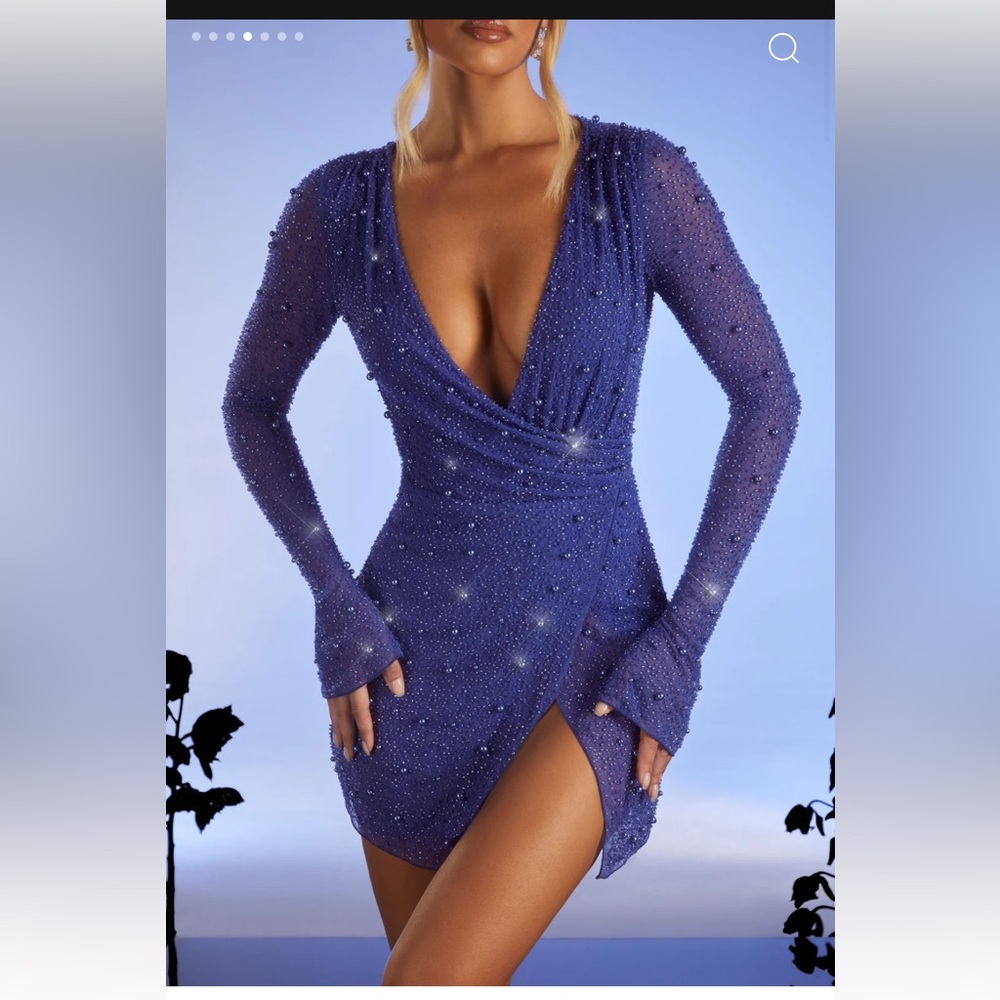 Oh Polly Chelsea Embellished Wrap Over A-Line Mini Dress in Dark Blue.